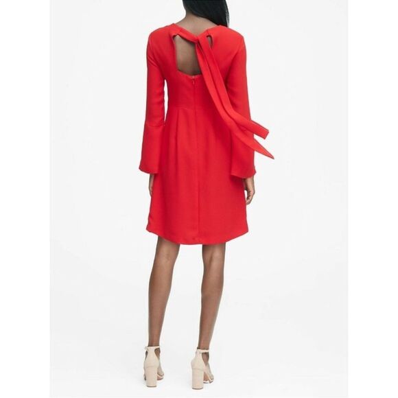 Banana Republic Red Long Bell Sleeve Mini Dress Tie Open Back Size 0 Classic - Picture 2 of 11
